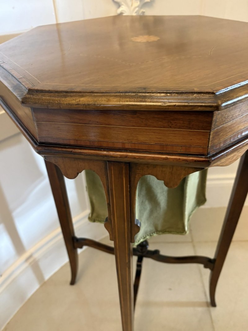 Antique Edwardian Inlaid Mahogany Octagonal Work / Lamp Table Sewing Table With Silk Basket - Image 5